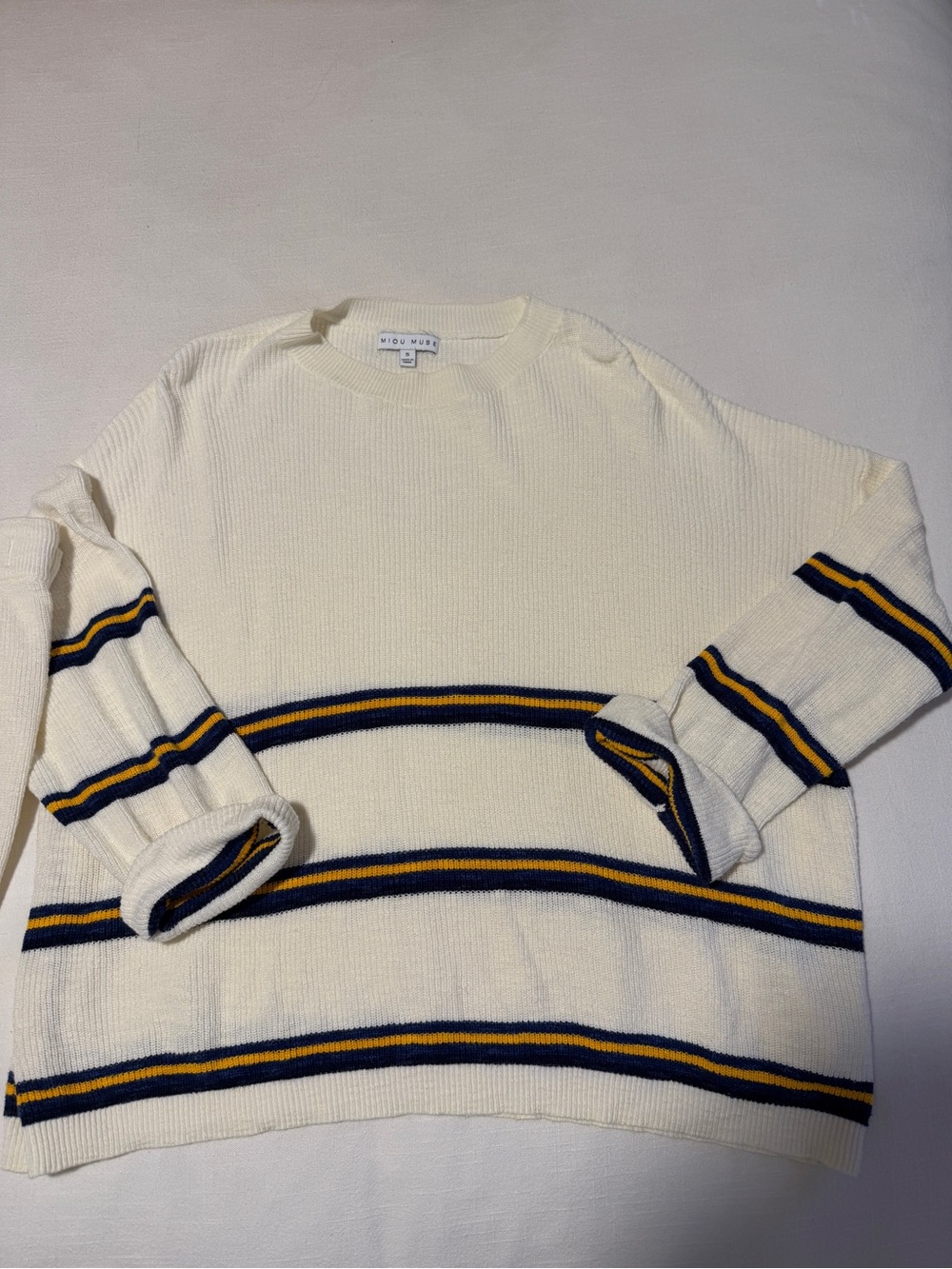 Miou Muse Cream Crewneck Sweater with Navy & Yellow Stripe Detail